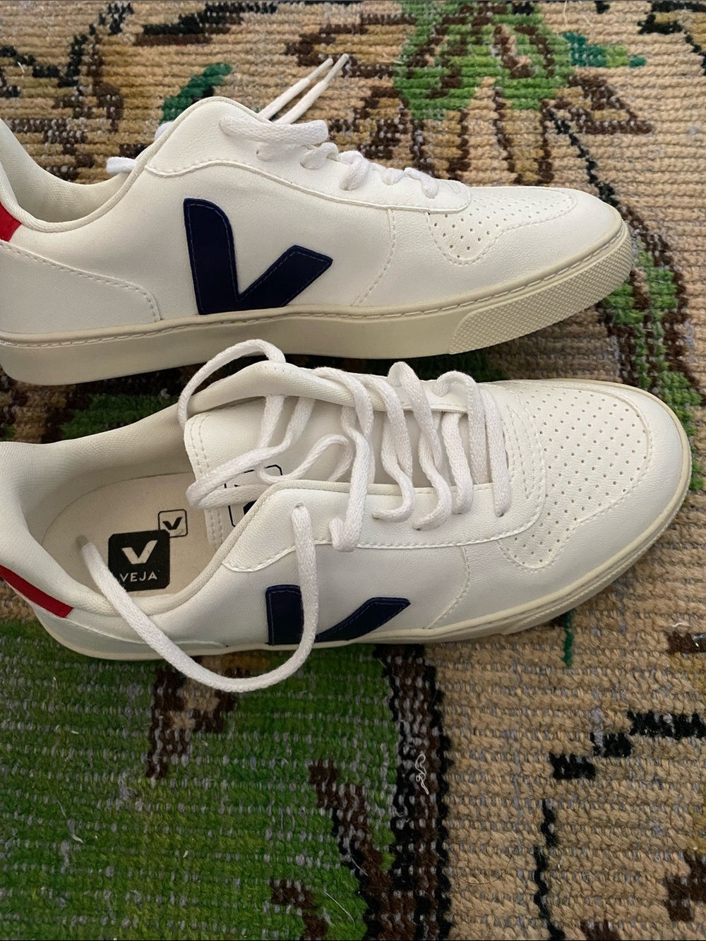 Veja White Sneakers with Navy V and Red Heel Tab - Picture 2 of 4
